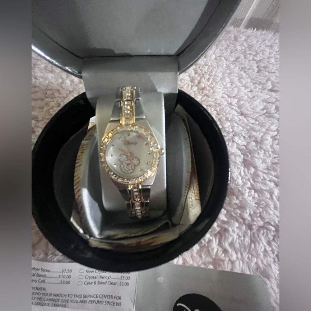Authentic Disney Mickey Mouse watch in gold, silver, and cubic zirconia. NIB
